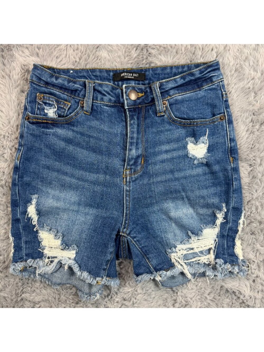 American Bazi Shorts Women S Blue Denim Cut-Off Distressed Faded Raw-Hem Stretch